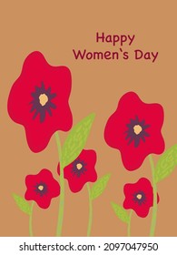 Postcard for March 8. Congratulations on Women's Day. Red flat flowers isolated on brown background. Paper art style.