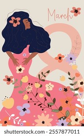 Postcard from March 8. Day of women's struggle for their rights. Dark-skinned girl in flowers. Vector image