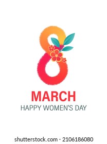 Postal para el 8 de marzo con una figura ondulada ocho en un gradiente y flores. La ilustración se puede utilizar en boletines, folletos, postales, entradas, anuncios, banners. Felicitaciones a las mujeres