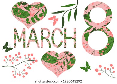 Postcard March 8 horizontal, artistic inscription and hearts, pink-green butterflies on a white background. Cute illustration for international womens day.