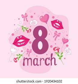 Postcard for March 8 with the image of lips, roses, bow, balloon in pink colors