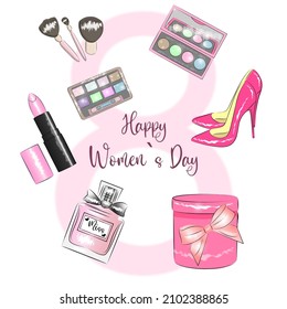 Postcard March 8 International Women's Day Pink lipstick shadows brushes perfume shoes gift box with number 8 retro vintage style on white background Holiday concept Vector illustration