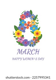 Postcard for March 8 to International Women's Day. Figure eight in the form of flowers and leaves.