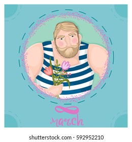 Postcard for March 8 with man and flowers