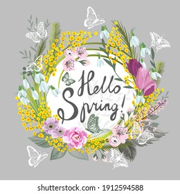 Postcard March 8. Mimosa branches with butterflies . Hello Spring. Vector illustration