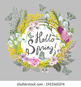 Postcard March 8. Mimosa branches with butterflies . Hello Spring. Vector illustration