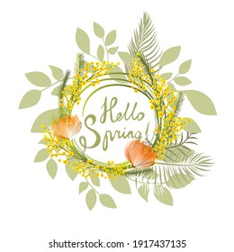 Postcard March 8. Mimosa branches. Hello Spring. Vector illustration