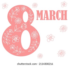 Postal para el 8 de marzo con un fondo blanco rosado número 8 con flores. Ilustración vectorial de vacaciones.