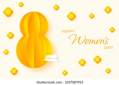 Postcard to March 8. Paper cut 8. Minimalism. Illustration can be used in the newsletter, brochures, postcards, tickets, advertisements, banners. Congratulations to the Women's Day.
