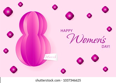Postcard to March 8. Paper cut 8. Minimalism. Illustration can be used in the newsletter, brochures, postcards, tickets, advertisements, banners. Congratulations to the Women's Day.
