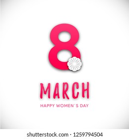 Postcard to March 8 in paper cut style on white background. Vector Illustration suitacle for brochures, postcards, advertisements, banners. Congratulations to the Women's Day.