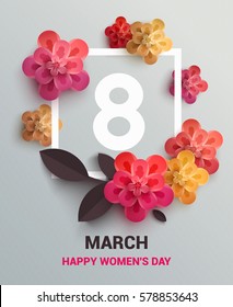 Postcard to March 8, with paper flowers. Illustration can be used in the newsletter, brochures, postcards, tickets, advertisements, banners. Congratulations to the Women's Day.