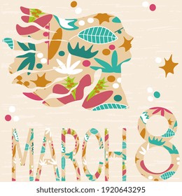 Postcard March 8. Woman outlines with hair floral elements pattern, textured. Vector art illustration.