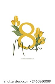 Postcard for March 8 with yellow watercolor tulips. Congratulations on Women's Day. Vector template