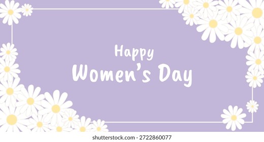 Postal del 8 de marzo. Flores de manzanilla o margarita sobre un fondo púrpura. Día Internacional de la Mujer. Ilustración vectorial con flores.
