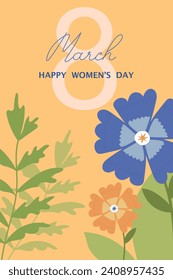Postcard for March 8th Day with creative flowers. Vector.