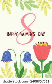 Postcard for March 8th Day with creative flowers. Vector.