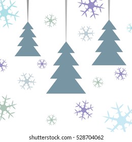 Postcard for Marry Christmas. Black abstract fir tree with colured snowflakes on white background. Vector