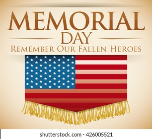 Postcard for Memorial Day in beige background with America flag, fringe and greeting sign for this holiday.