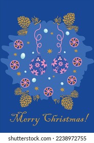 Postkarte Frohe Weihnachten - Weihnachtsbälle, Süßigkeiten und Kiefernkonen auf blauem Hintergrund.