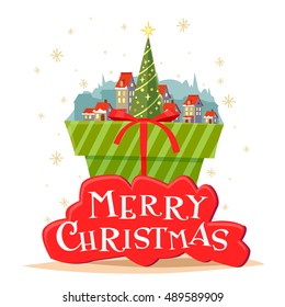 Postcard Merry Christmas with a beautiful inscription. Vector illustration of Christmas tree and village with small houses. Green gift box