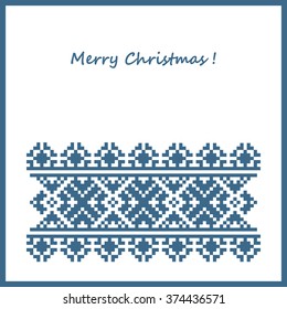 Postcard Merry Christmas. Geometric pattern Slavic embroidery (blue stripe) - Stock Vector