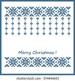Postcard Merry Christmas. Geometric pattern Slavic embroidery (blue two strips) - Stock Vector