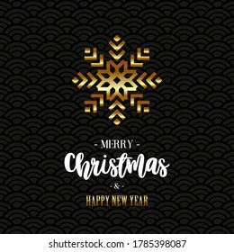 Postcard Merry Christmas and Happy New Year with golden snowflake on black background 