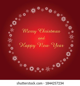 Postcard Merry Christmas and Happy New year with wreath of snowflakes on red background. Vector illustration
