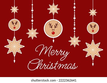 Postcard Merry Christmas and Happy New Year. Winter background. Hanging gingerbread on a burgundy background. Festive pattern with Christmas gingerbread. Modern vector illustration.