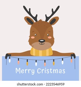 Postcard Merry Christmas and Happy New Year. Deer with garland, background and banner. Cartoon style. Vector
