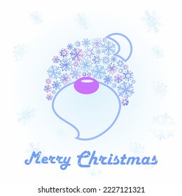 Postcard Merry Christmas and Happy New Year. Funny elf and snowflakes. Vector graphics