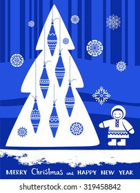 Postcard merry Christmas and happy New Year, North, blue background. On the tree hang Christmas decorations similar to big fish. Standing next to a child and laughs. In the sky the Northern lights.