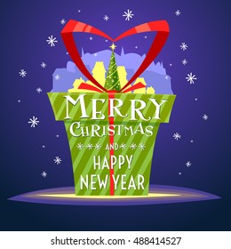 Postcard Merry Christmas and Happy New Year with a beautiful inscription. Vector illustration of Christmas tree and village with small houses. Green gift box