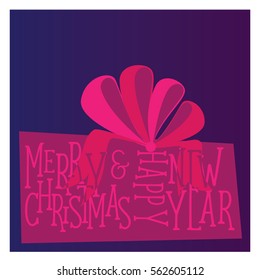 Postcard Merry Christmas and Happy New Year with a beautiful inscription. Vector illustration of box with a bow of inscription "Merry Christmas and Happy New Year"