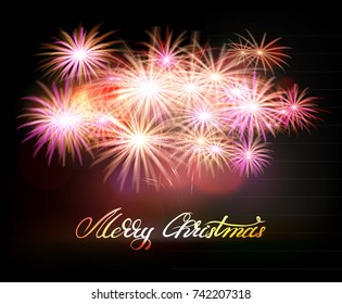 Postcard Merry Christmas and Happy New Year 2018 on a background of fireworks.Vector illustration