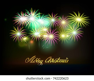 Postcard Merry Christmas and Happy New Year 2018 on a background of fireworks.Vector illustration