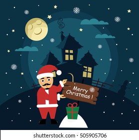 Postcard for Merry Christmas. Ilustration are in cartoon style. Santa Claus night gives a gift.