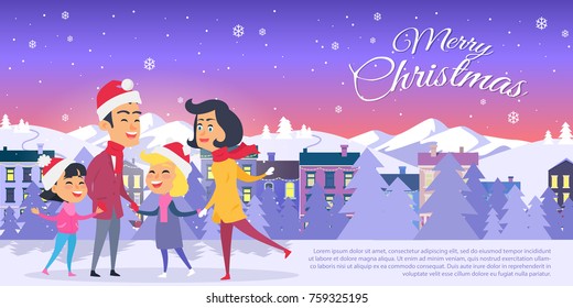 Postcard with Merry Christmas on city background. Vector illustration of happy family in red hats father mother two daughters on white field. Behind family are mountains white forest and houses