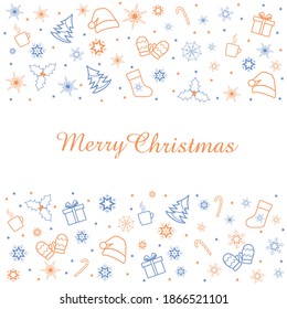 Postcard Merry Christmas with snowflakes, Christmas tree, socks, Santa hat, lollipop, cup of tea, mittens, mittletoe, gifts on white background. Vector illustration