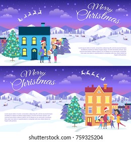 Postcard with Merry Christmas text. Vector illustration of smiling family father mother and son on white snowy field in red hats. Mountain forest and houses on the background, city entertainment
