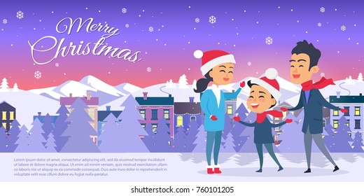 Postcard with Merry Christmas text. Vector illustration of smiling family father mother and son on white snowy field in red hats. Mountain forest and houses on the background, city entertainment