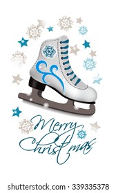 Postcard Merry Christmas with women's skating, snowflakes and stars