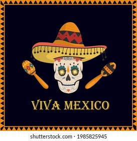 Postcard for the Mexican holiday of the Day of the Dead.A skull with national ornaments in a large hat and maracas. A design element. EPS10