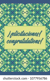 Postcard with mexican-style ethnic pattern and congratulations in green colors