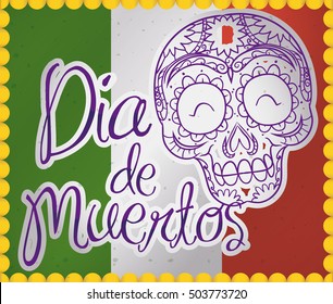 Postcard from Mexico with a traditional skull stamp in outline style for Mexican "Dia de los Muertos" (translate from Spanish: "Day of the Dead").