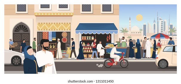 Postcard from Middle East: travel and tourism concept, traditional buildings, people and street food