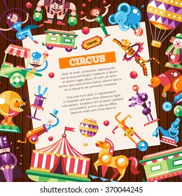 Postcard with modern flat design circus and carnival icons and infographics elements