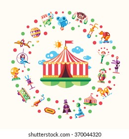 Postal con moderno circo de diseño plano e iconos e infografías del carnaval