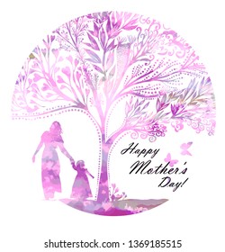 Postcard mom with her daughter near a beautiful tree. Happy Mother's Day
